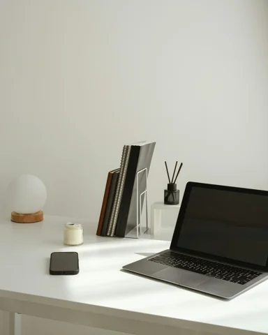 Laptop in an organised home workspace