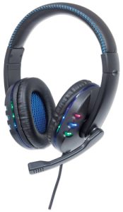 Manhattan USB-A Gaming Headset with LEDs. Retractable Built-in Microphone, Audio Control, Integrated 1.8m cable, Black and Blue, Three Year Warranty