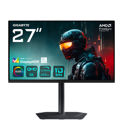 GIGABYTE MO27Q2 27" OLED QHD Gaming Monitor - 2560 x 1440, 240Hz, 0.03ms, 250 cd/m², Display HDR True Black 400, HDMI 2.1, Displayport 1.4