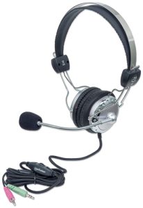 Manhattan Stereo Over-Ear Headset (3.5mm), Microphone Boom (padded), Adjustable Steel Headband, In-Line Volume Control, Ear Cushions, Std 2x 3.5mm ste