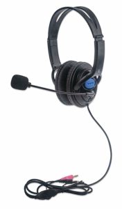 Manhattan Stereo Headset, Lightweight, adjustable microphone, in-line volume control, padded cloth ear cushions, two 3.5mm jack input plugs, cable 2m,