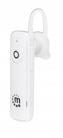 Manhattan Single Ear Bluetooth Headset (Clearance Pricing), Omnidirectional Mic, Integrated Controls, White, 10 hour usage time, Range 10m, USB-A char