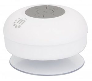 Manhattan Bluetooth Shower Speaker (Clearance Pricing), Waterproof design with suction-cup mount, Omnidirectional Mic, Integrated Controls, 5 hour Pla
