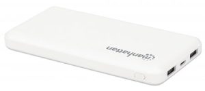 Manhattan Power Bank (Clearance Pricing), 10000 mAh, Output: 2x USB-A (2.1A & 1A), Input: USB-C & Micro-USB (both 2A), White, One Year Warranty, Blist