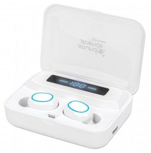 Manhattan Bluetooth Earphones, White, Microphone, Integrated Controls, Sweatproof, Noise Isolating, 5 hour usage time, Max Range 10m, Charging Case wi