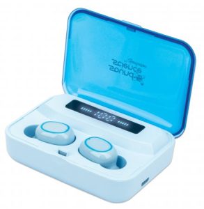 Manhattan Bluetooth Earphones, Blue, Microphone, Integrated Controls, Sweatproof, Noise Isolating, 5 hour usage time, Max Range 10m, Charging Case wit